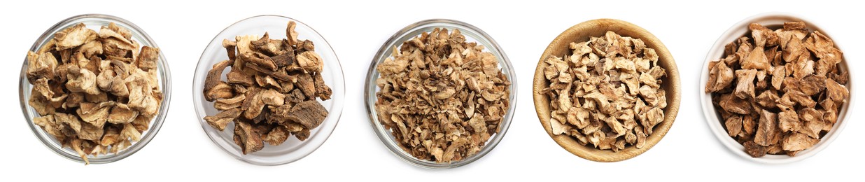 Image of Pieces of dry chicory root in bowls isolated on white, set. Top view