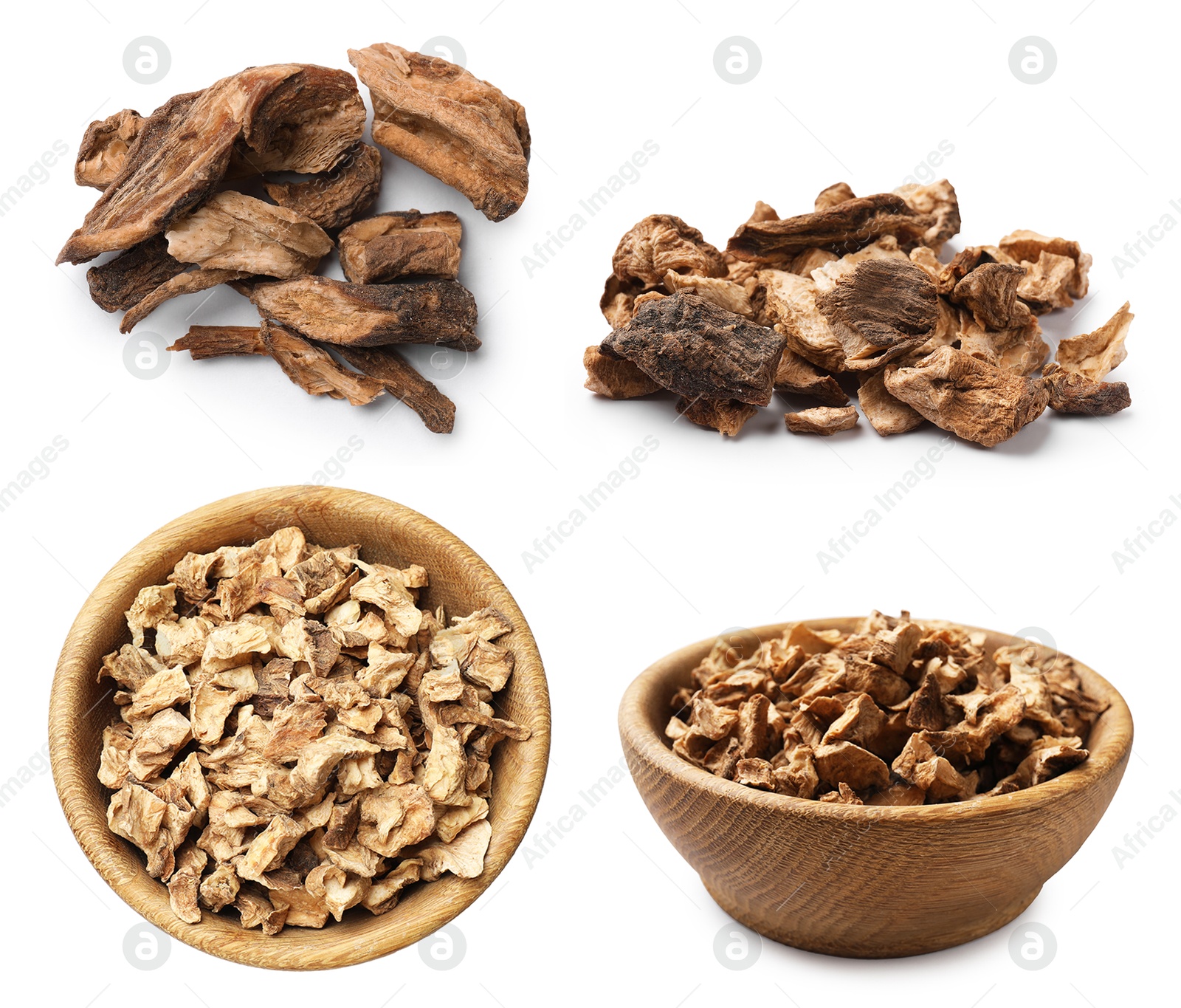 Image of Chicory. Dry pieces of root isolated on white, set