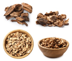 Image of Chicory. Dry pieces of root isolated on white, set
