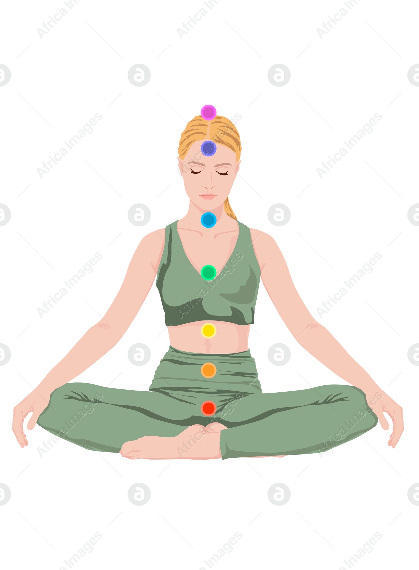 Chakras location in body. Woman in Lotus position on white background, illustration Illustration of Chakras location in body. Woman in Lotus position on white background, illustration