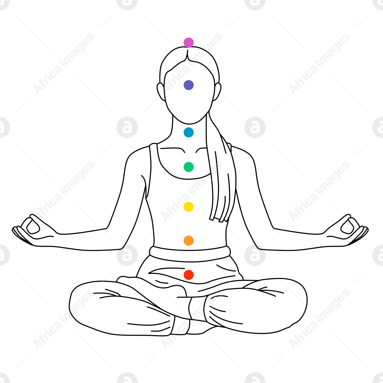 Chakras location in body. Silhouette of woman in Lotus position on white background, illustration Illustration of Chakras location in body. Silhouette of woman in Lotus position on white background, illustration