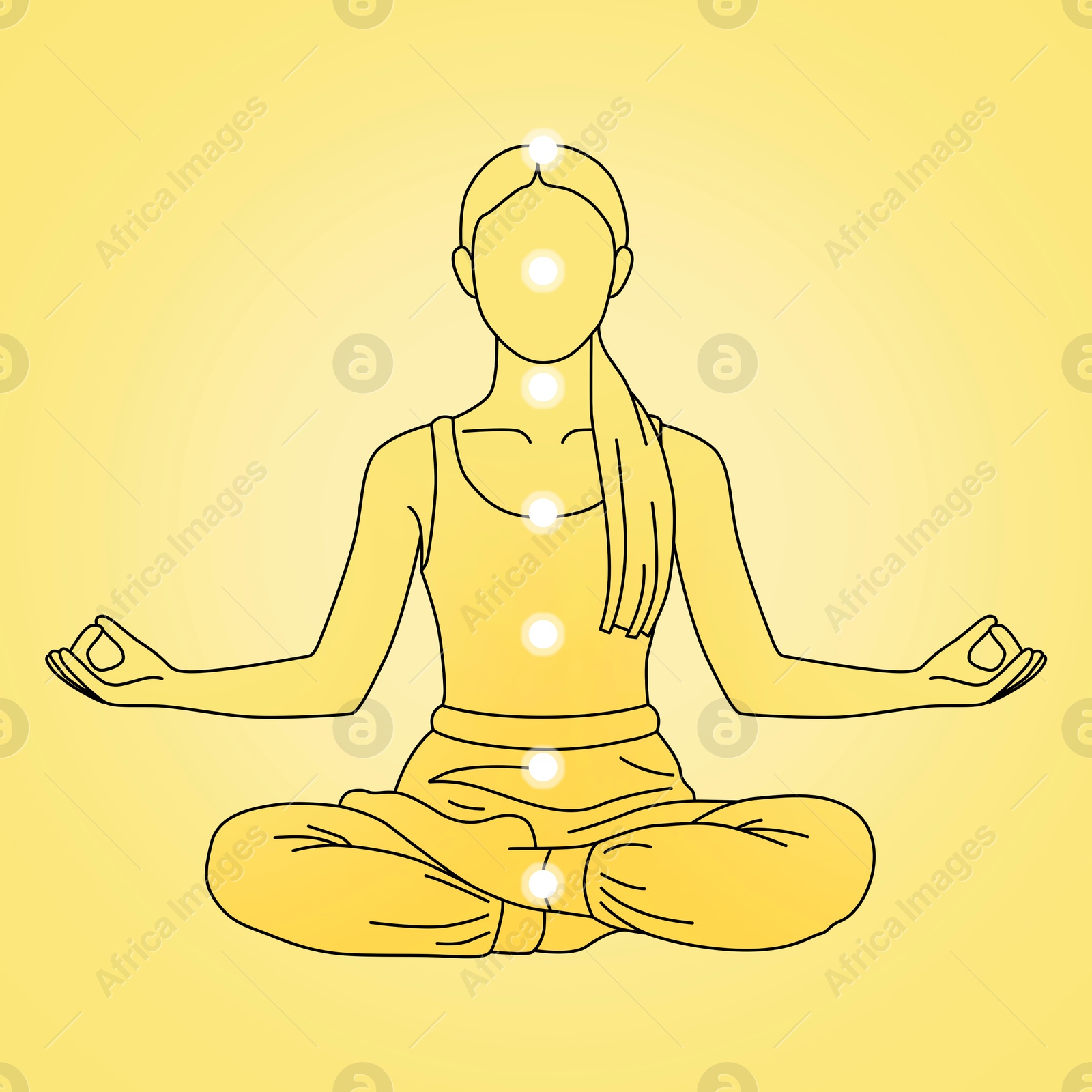 Chakras location in body. Silhouette of woman in Lotus position on yellow background, illustration Illustration of Chakras location in body. Silhouette of woman in Lotus position on yellow background, illustration