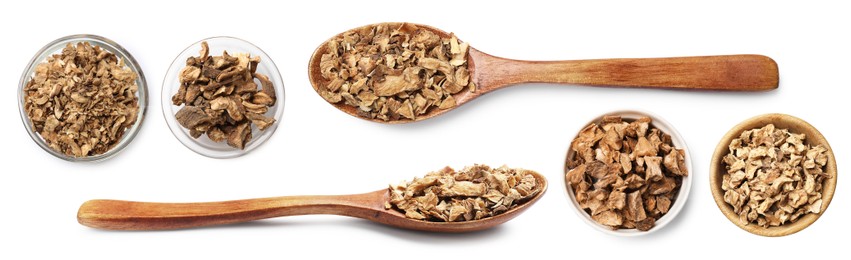 Image of Chicory. Dry pieces of root isolated on white, set