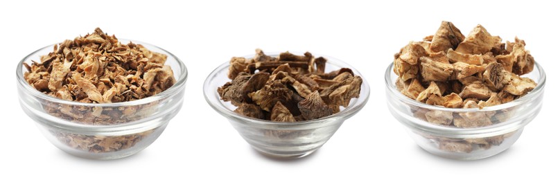 Image of Pieces of dry chicory root in bowls isolated on white, set