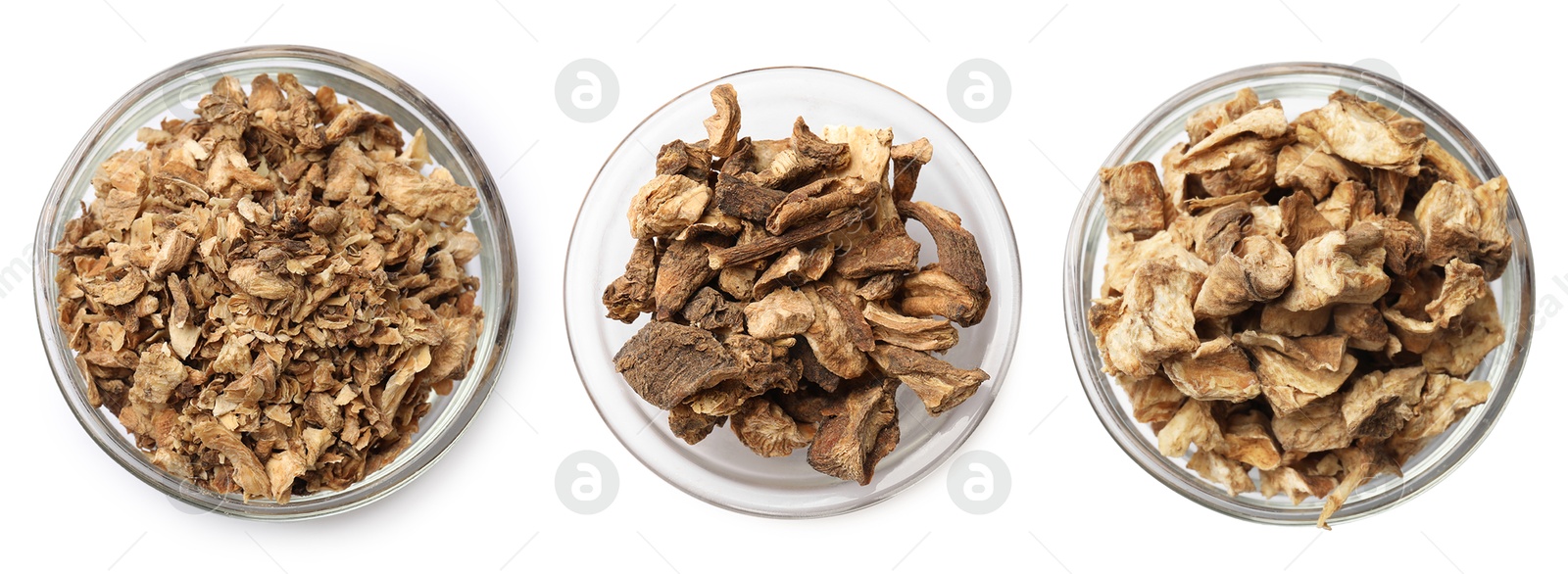 Image of Pieces of dry chicory root in bowls isolated on white, set. Top view