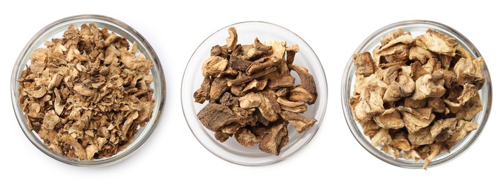 Image of Pieces of dry chicory root in bowls isolated on white, set. Top view