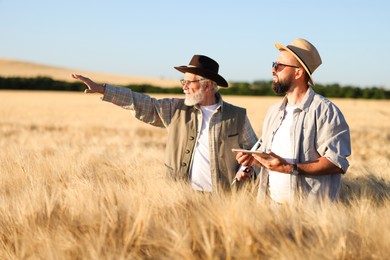 Photo of Farmers in field with ripe wheat outdoors