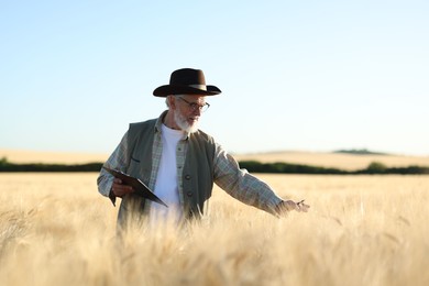 Photo of Senior farmer with clipboard in field of ripe wheat outdoors