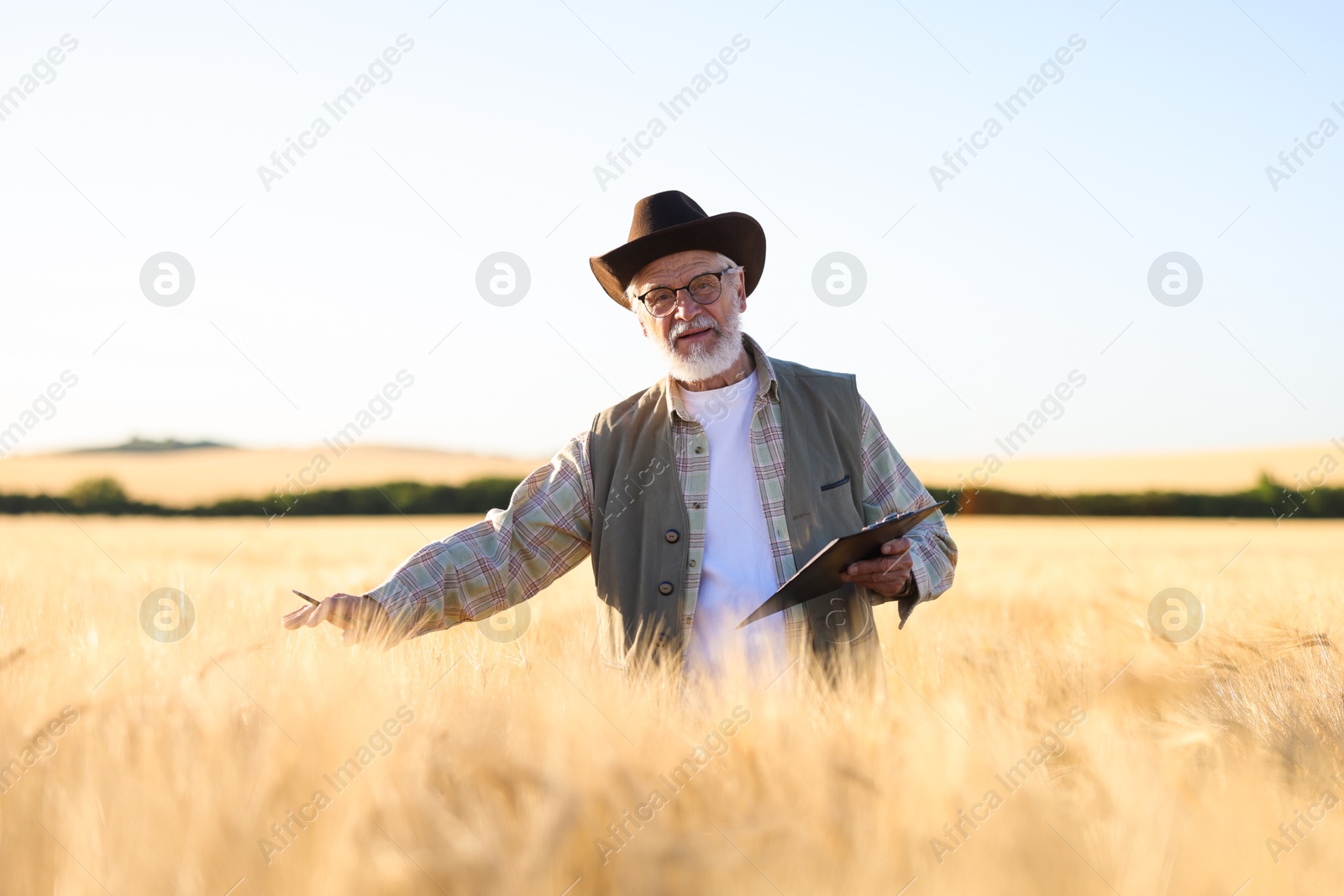 Senior farmer with clipboard in field of ripe wheat outdoors Photo of Senior farmer with clipboard in field of ripe wheat outdoors