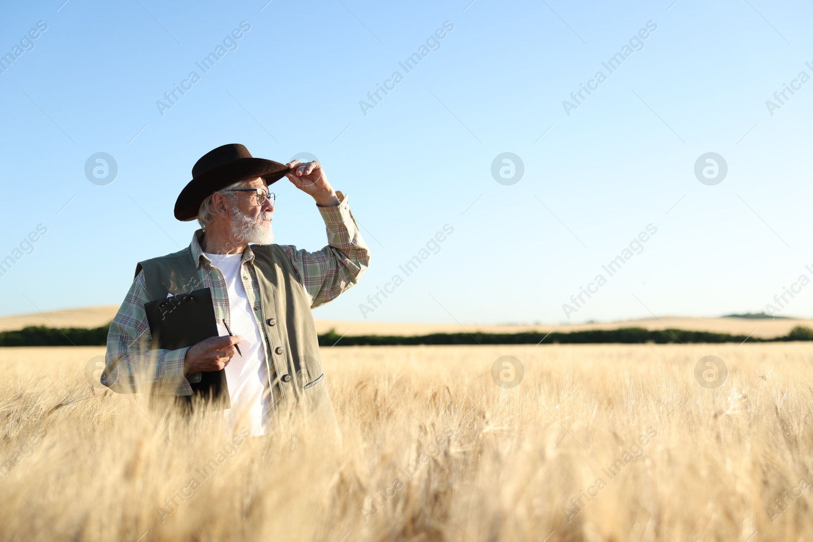 Senior farmer with clipboard in field of ripe wheat outdoors, space for text Photo of Senior farmer with clipboard in field of ripe wheat outdoors, space for text