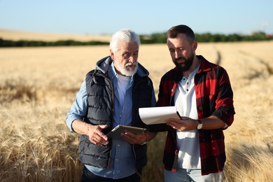 Photo of Farmers in field with ripe wheat outdoors