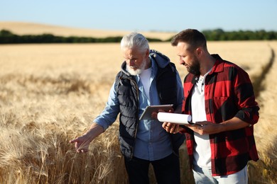 Photo of Farmers in field with ripe wheat outdoors, space for text