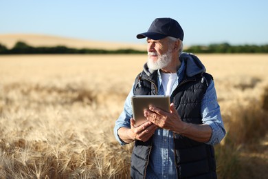 Photo of Senior farmer with tablet in field of ripe wheat outdoors, space for text