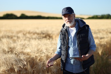 Photo of Senior farmer with tablet in field of ripe wheat outdoors, space for text