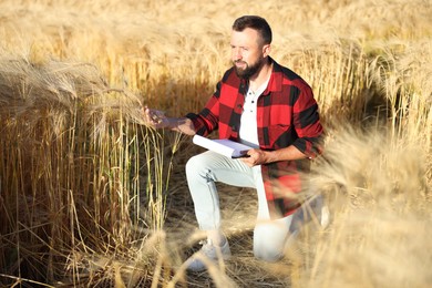 Photo of Farmer with clipboard in field of ripe wheat outdoors