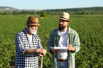 Photo of Farmers in field of unripe soy outdoors