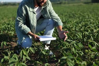 Photo of Farmer with clipboard in field of unripe soy outdoors, closeup