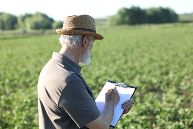 Photo of Senior farmer with clipboard in field of unripe soy outdoors, back view