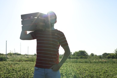 Photo of Farmer with wooden crate in field of unripe soy outdoors, space for text