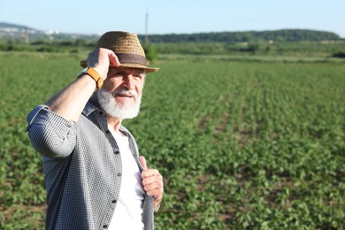 Photo of Senior farmer in field of unripe soy outdoors, space for text