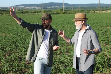 Photo of Farmers in field of unripe soy outdoors