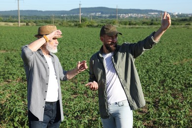 Photo of Farmers in field of unripe soy outdoors