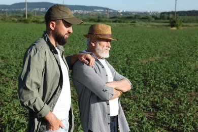 Photo of Farmers in field of unripe soy outdoors, space for text