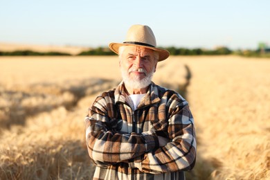 Photo of Senior farmer in field with ripe wheat outdoors