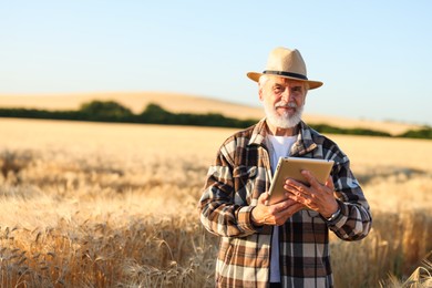 Photo of Senior farmer with tablet in field of ripe wheat outdoors, space for text
