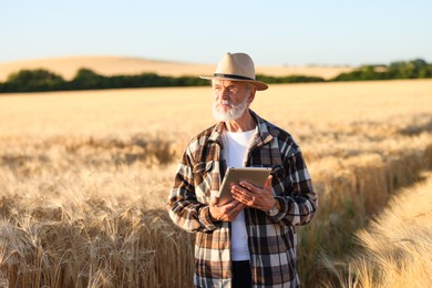 Photo of Senior farmer with tablet in field of ripe wheat outdoors