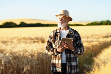 Photo of Senior farmer with tablet in field of ripe wheat outdoors