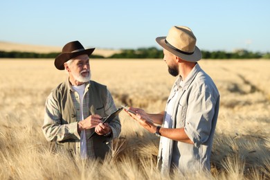 Photo of Farmers in field with ripe wheat outdoors