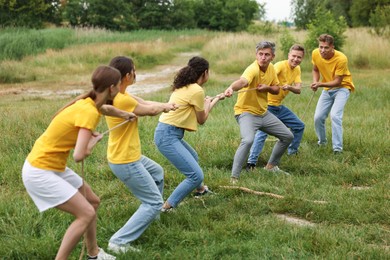 Photo of Team building. Group of happy people playing tug of war with rope outdoors