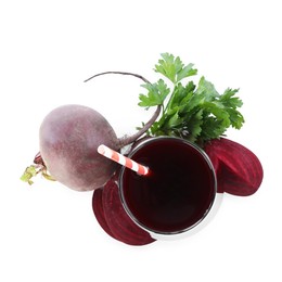 Photo of Superfood. Tasty smoothie in glass and ingredients isolated on white, top view