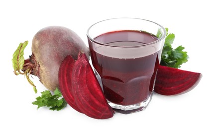 Photo of Superfood. Tasty smoothie in glass and ingredients isolated on white