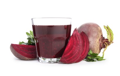 Photo of Superfood. Tasty smoothie in glass and ingredients isolated on white
