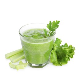 Photo of Superfood. Tasty smoothie in glass and ingredients isolated on white