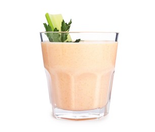 Photo of Superfood. Tasty smoothie in glass isolated on white