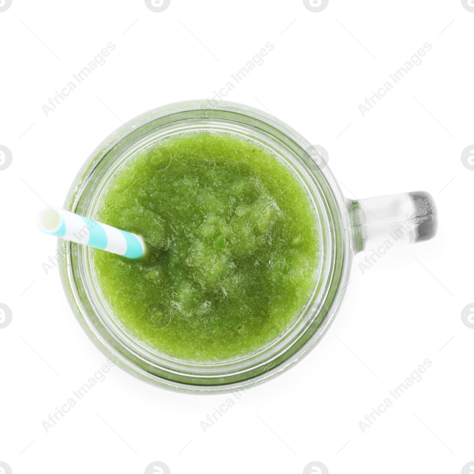 Superfood. Tasty smoothie in mason jar isolated on white, top view Photo of Superfood. Tasty smoothie in mason jar isolated on white, top view