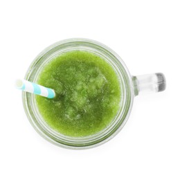Photo of Superfood. Tasty smoothie in mason jar isolated on white, top view