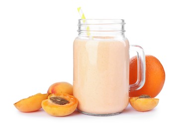 Photo of Superfood. Tasty smoothie and ingredients isolated on white