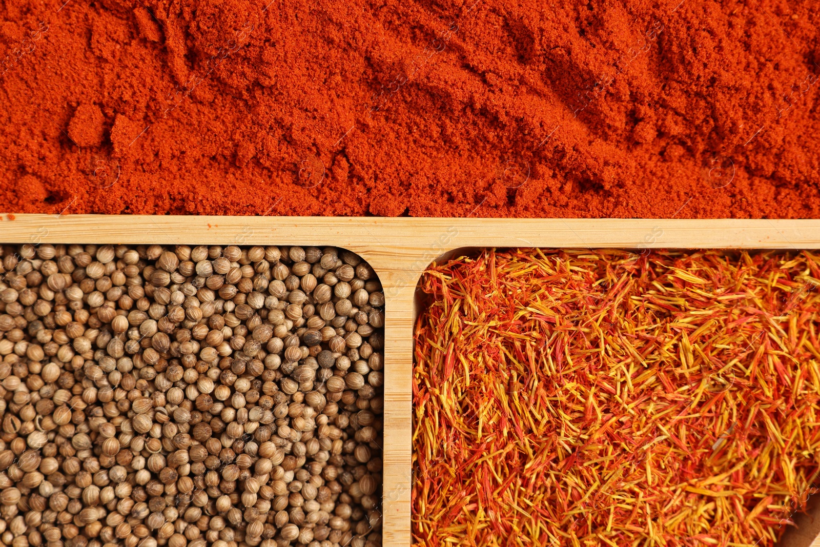 Photo of Different aromatic spices as background, top view