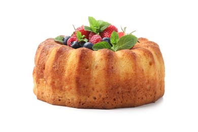 Photo of Tasty Bundt cake with berries isolated on white