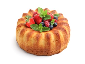 Photo of Tasty Bundt cake with berries isolated on white