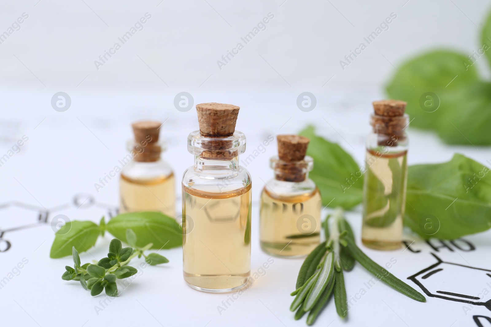 Different herbs and bottles of cosmetic products on paper with chemical formulas, closeup Photo of Different herbs and bottles of cosmetic products on paper with chemical formulas, closeup