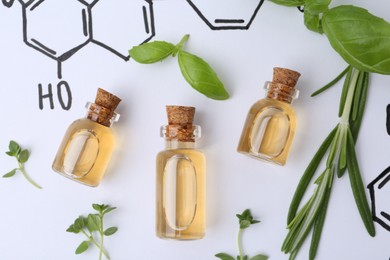 Photo of Different herbs and bottles of cosmetic products on paper with chemical formulas, flat lay