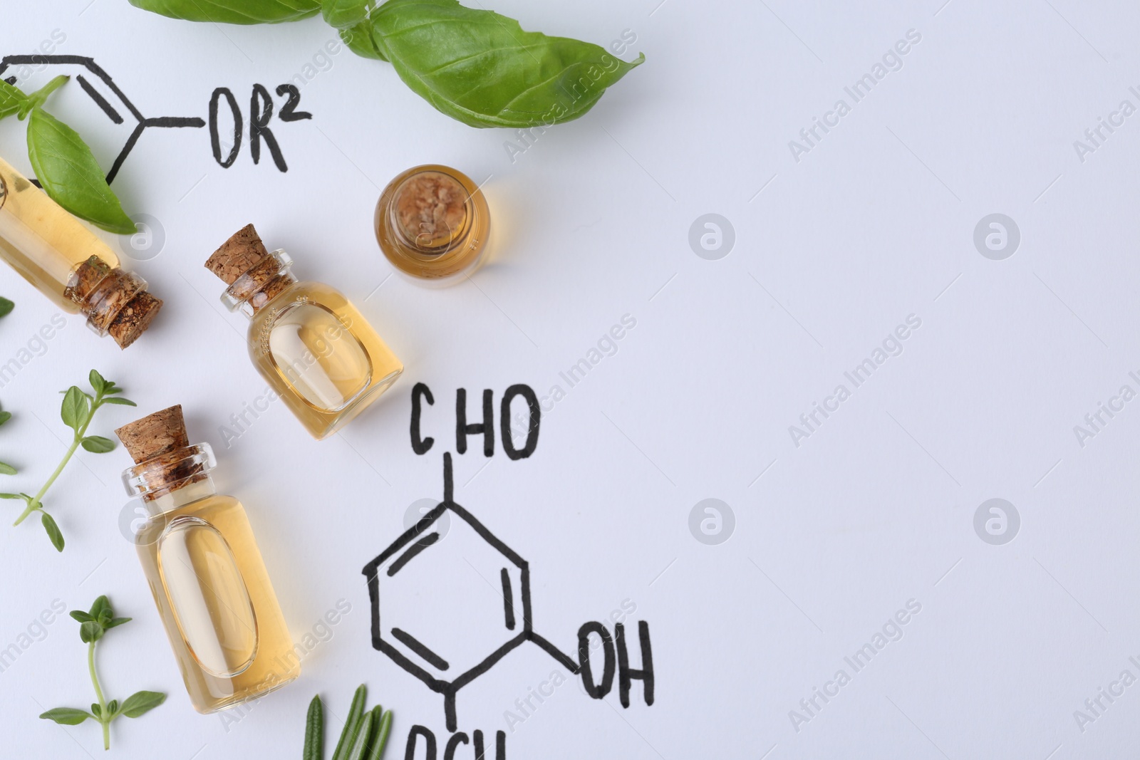 Different herbs and bottles of cosmetic products on paper with chemical formulas, flat lay. Space for text Photo of Different herbs and bottles of cosmetic products on paper with chemical formulas, flat lay. Space for text