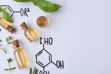 Photo of Different herbs and bottles of cosmetic products on paper with chemical formulas, flat lay. Space for text