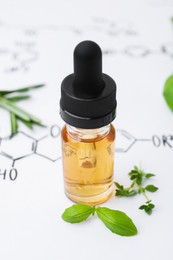 Photo of Different herbs and bottle of cosmetic product on paper with chemical formulas, closeup