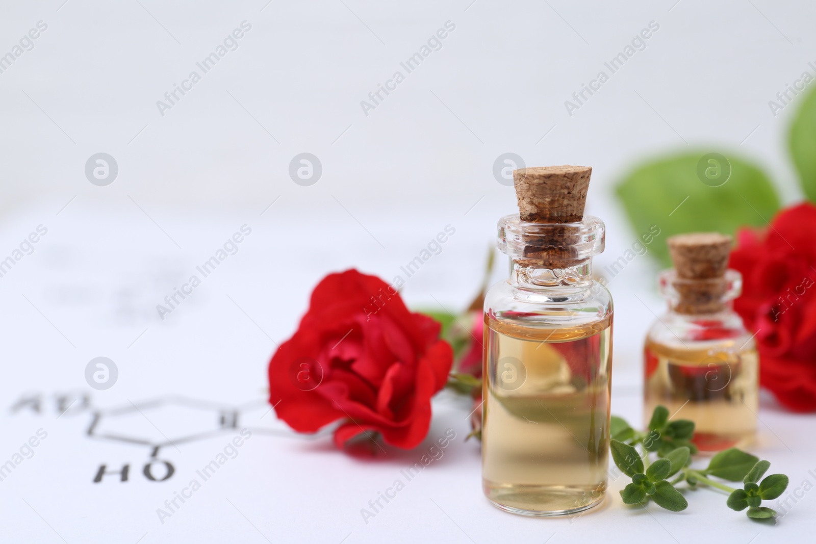 Bottles of cosmetic products, herbs and red roses on paper with chemical formulas, closeup. Space for text Photo of Bottles of cosmetic products, herbs and red roses on paper with chemical formulas, closeup. Space for text
